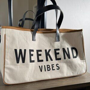 Weekend Vibes Canvas Tote Bag - Large Cream & Black Leather Handle Weekender